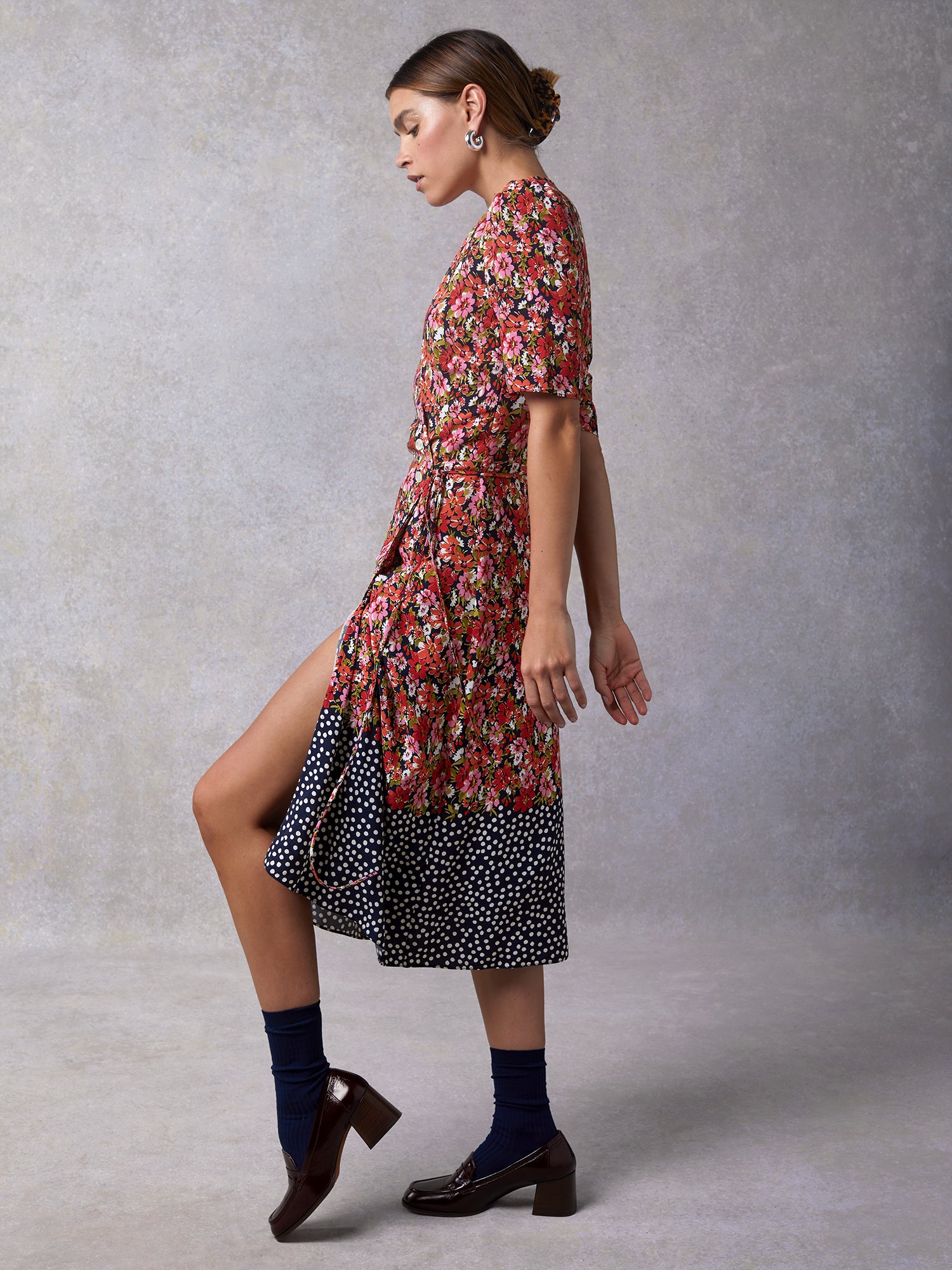 Mid-length wrap dress with navy floral print | Rouje • Rouje Paris