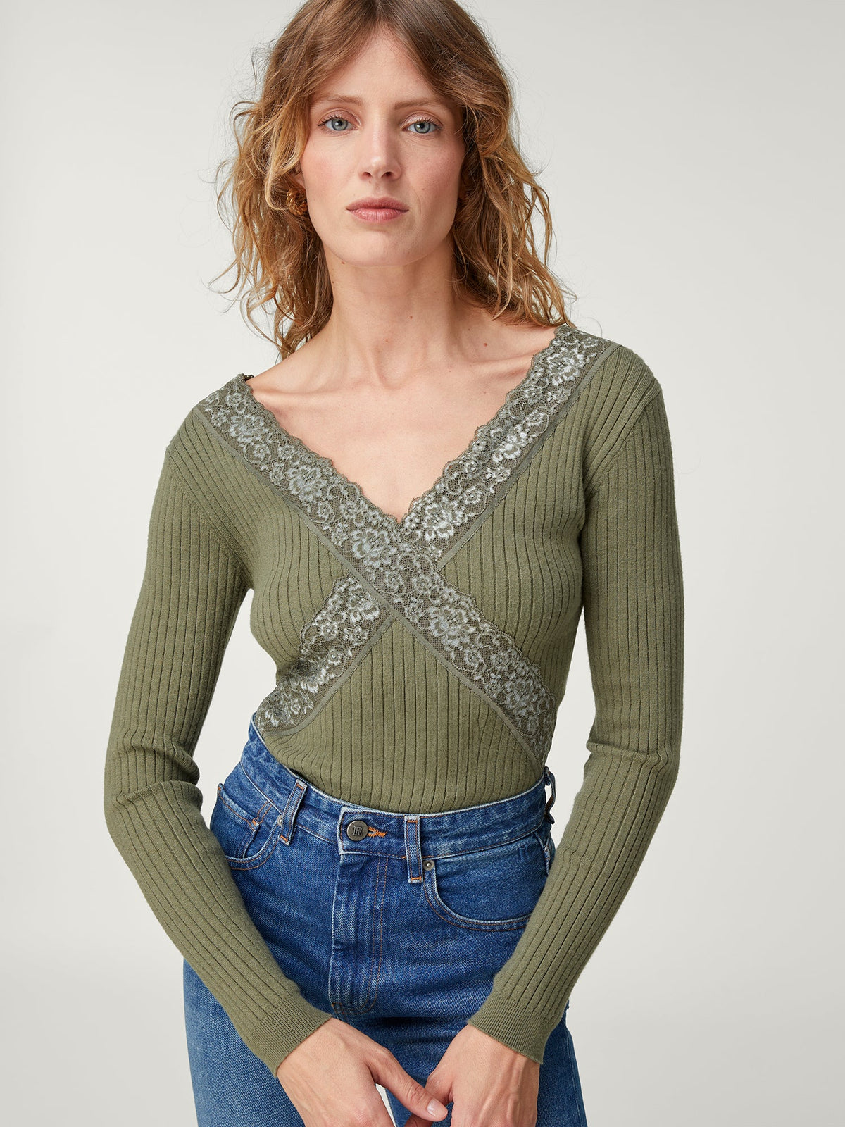 Khaki ribbed knit and lace sweater Rouje Rouje Paris