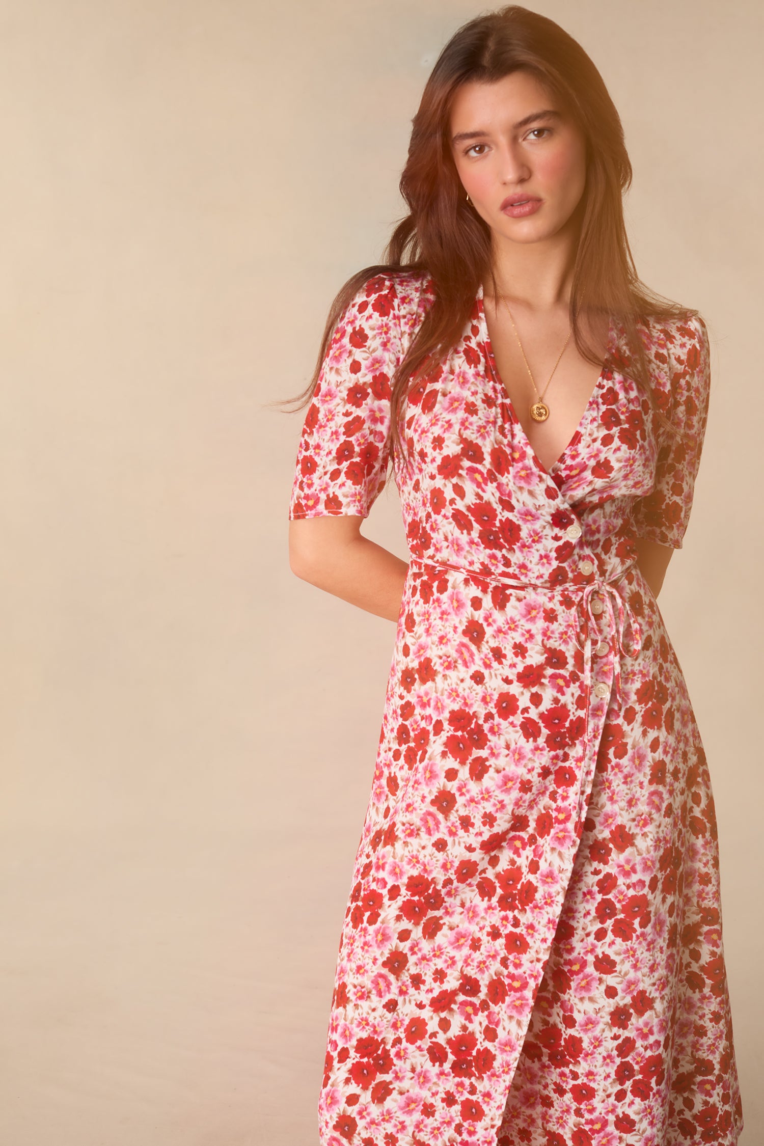 Pink & floral midi wrap dress | Rouje • Rouje Paris