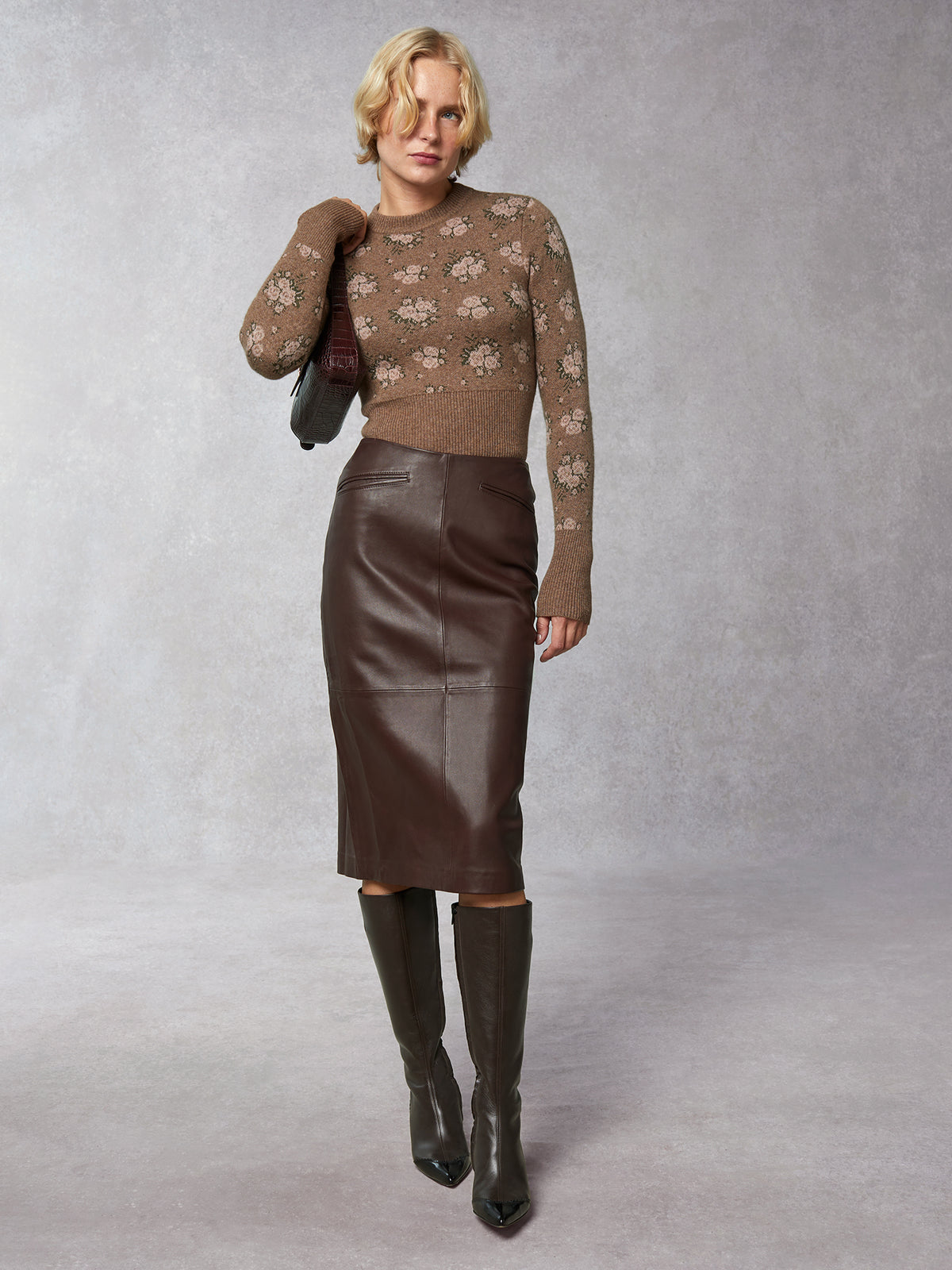 Chocolate leather pencil skirt